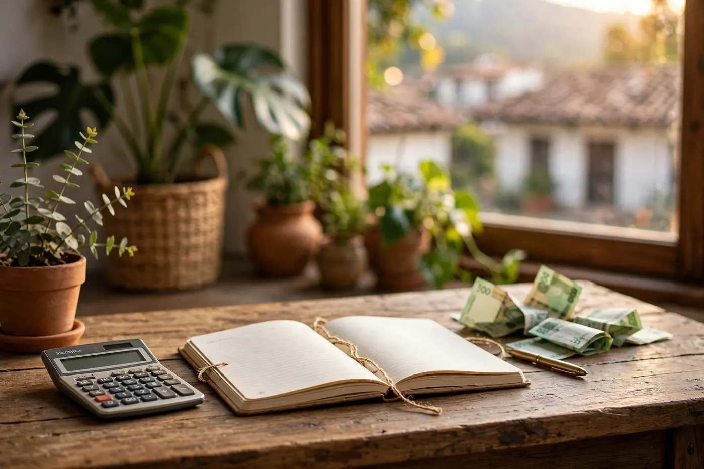 Escritorio de un pequeño negocio con calculadora, cuaderno de nómina y billetes colombianos.