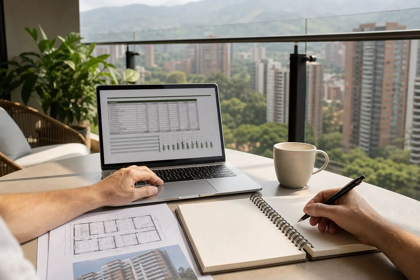 Foreign buyer reviewing seller-financed Colombian apartment terms on a laptop