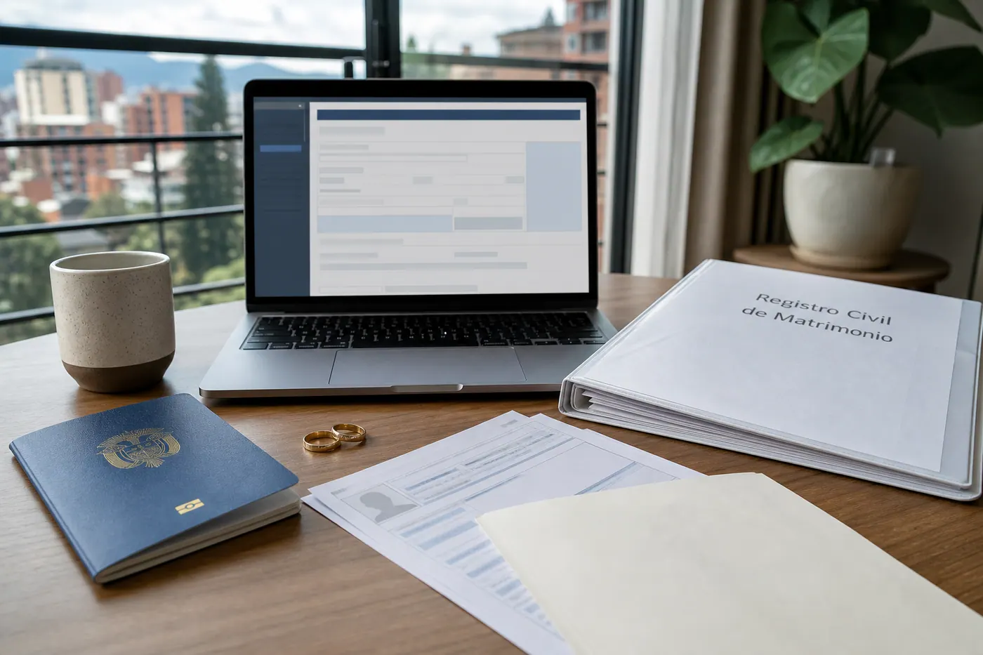 Colombia spouse visa documents on a table with passports, wedding rings, and a laptop showing an immigration form