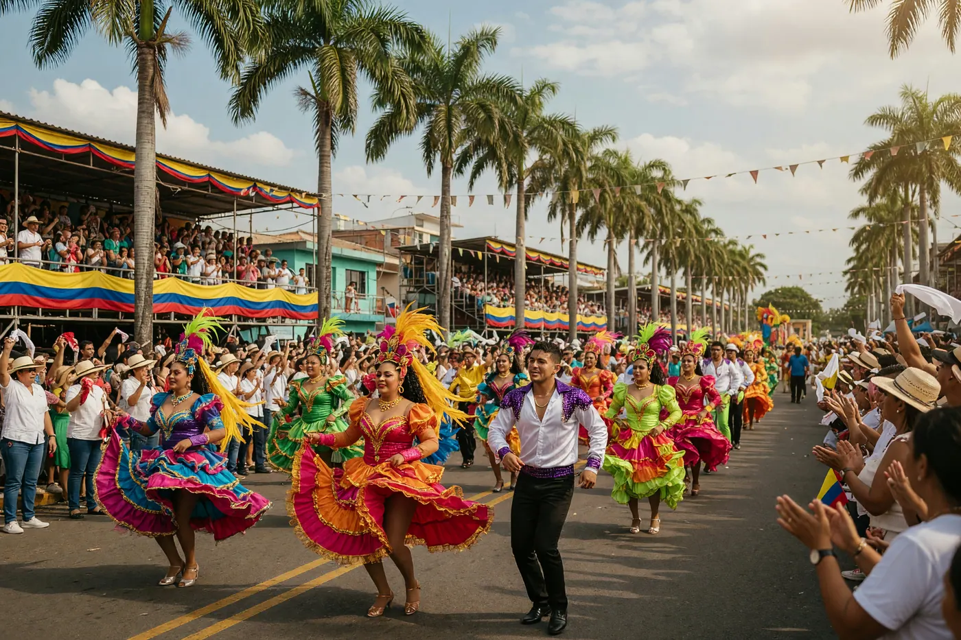 Vibrant salsa parade along Cali's Autopista Suroriental during the Feria de Cali, with dancers in colorful costumes performing for cheering crowds in grandstands.