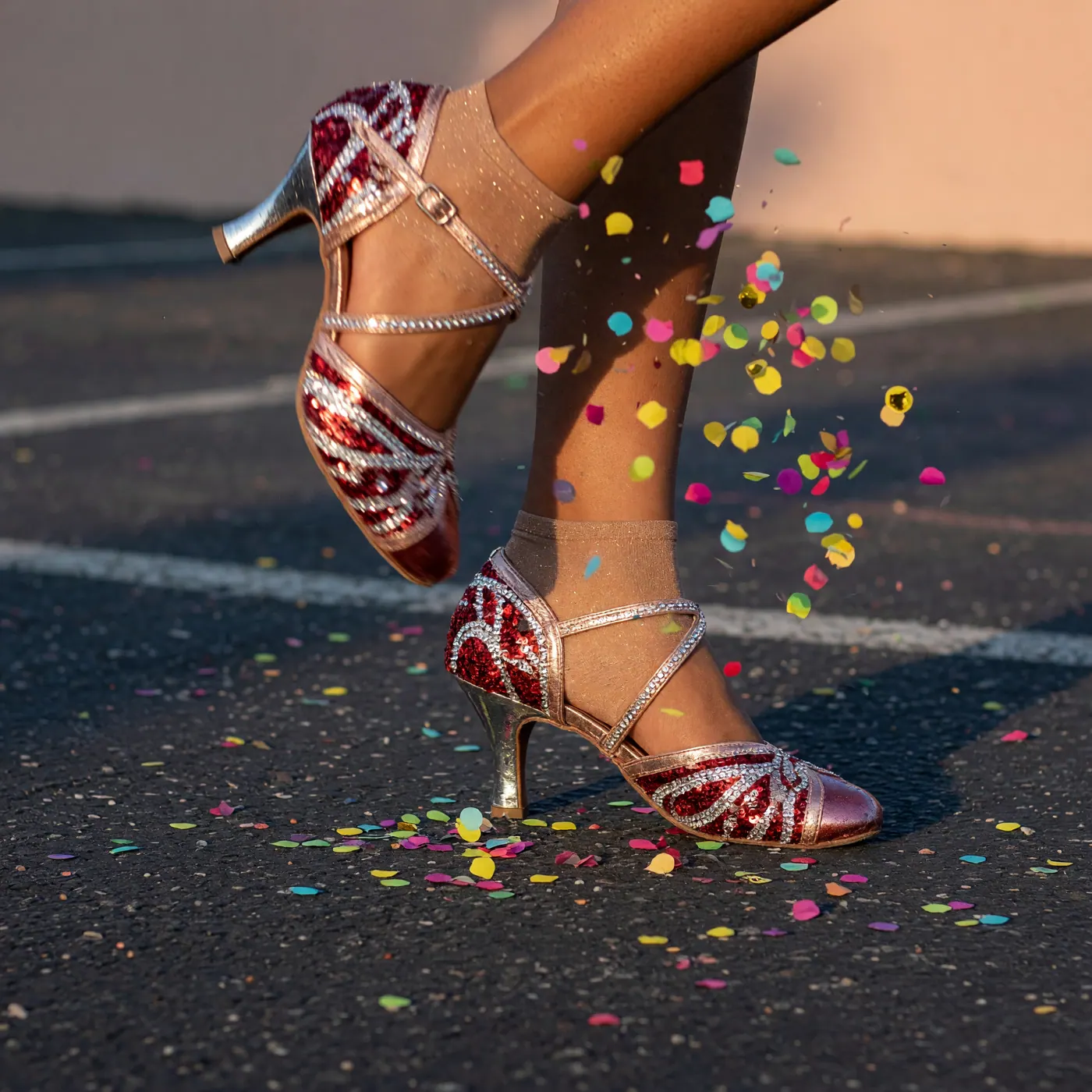 A close-up of salsa dancer feet in sparkling shoes performing rapid Cali-style footwork on a street covered in colorful confetti during a festival parade.
