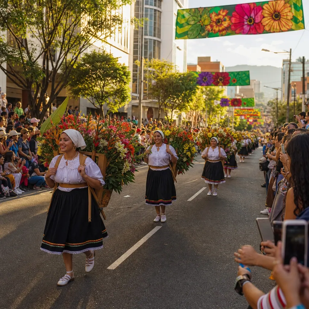 Festive street scene during Medellín's Feria de las Flores, with colorful flower decorations lining the avenue and crowds of spectators
