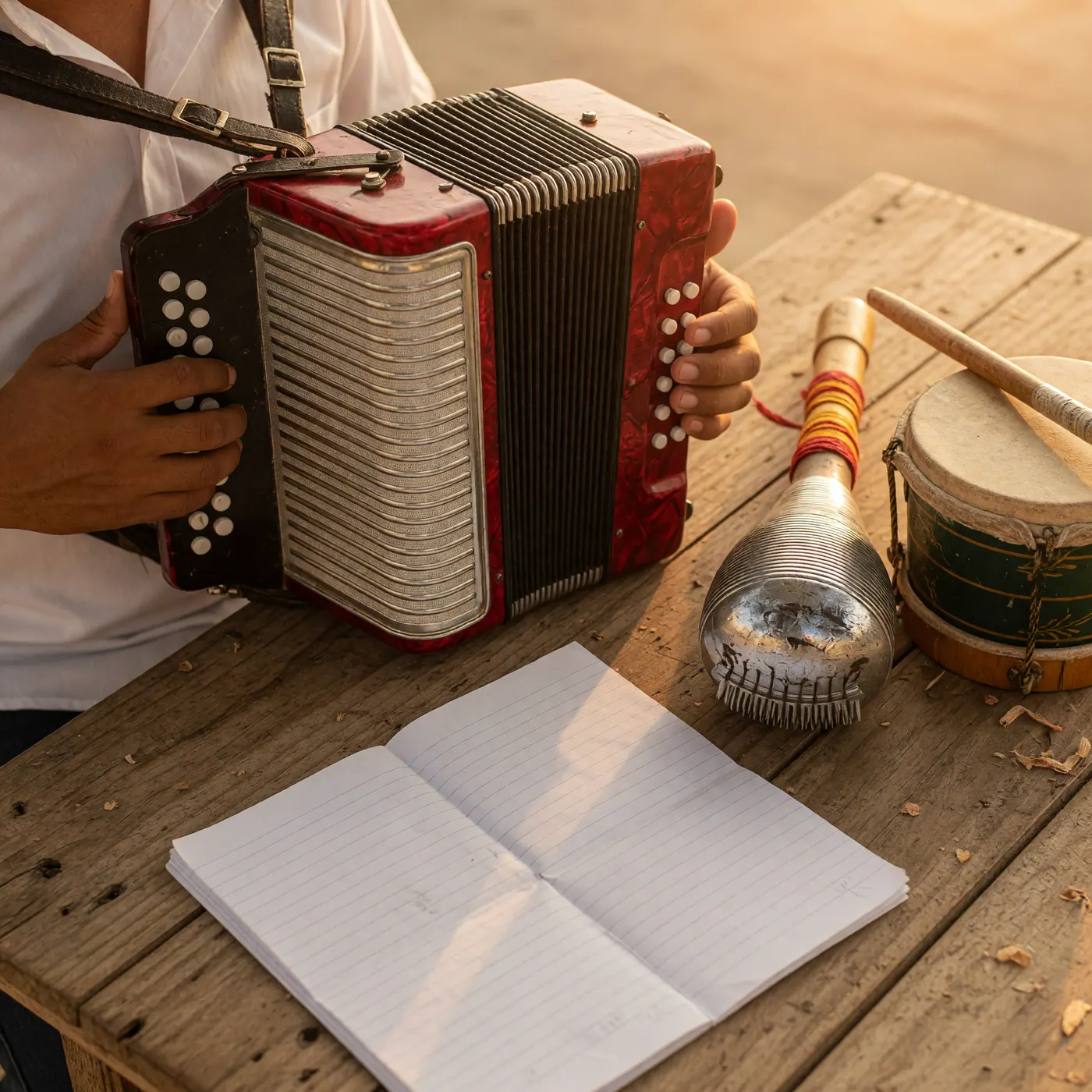 Manos tocando un acordeón rojo junto a una guacharaca y una caja vallenata sobre una mesa de madera
