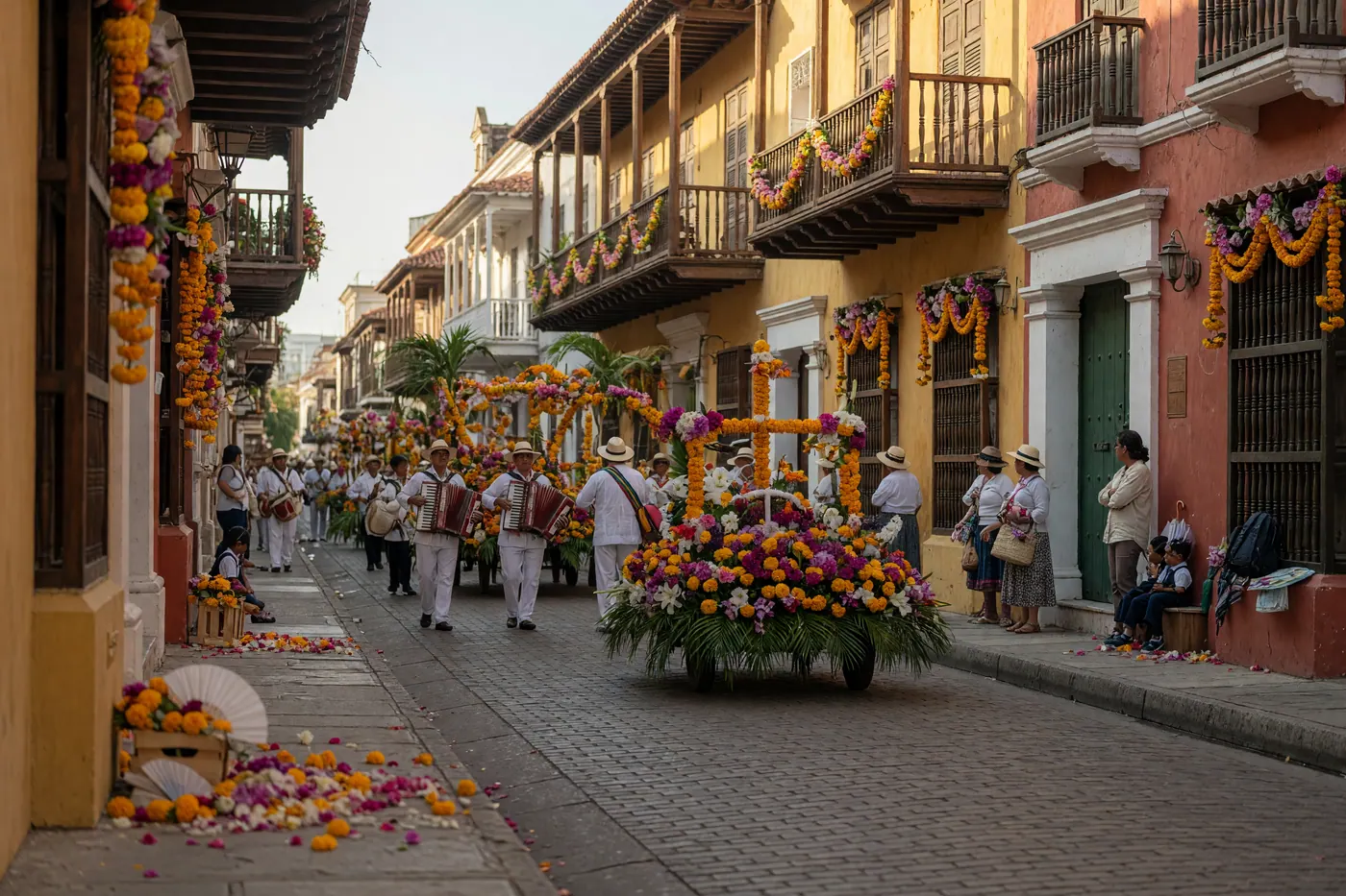 Escena callejera de un festival colombiano con flores, músicos y desfile frente a fachadas coloniales