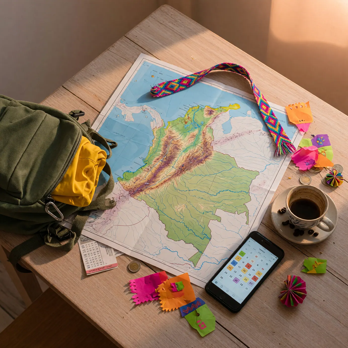 Mesa de planeación de viaje con un mapa de Colombia, una mochila pequeña, un celular con calendario, una taza de café y papeles de colores festivos