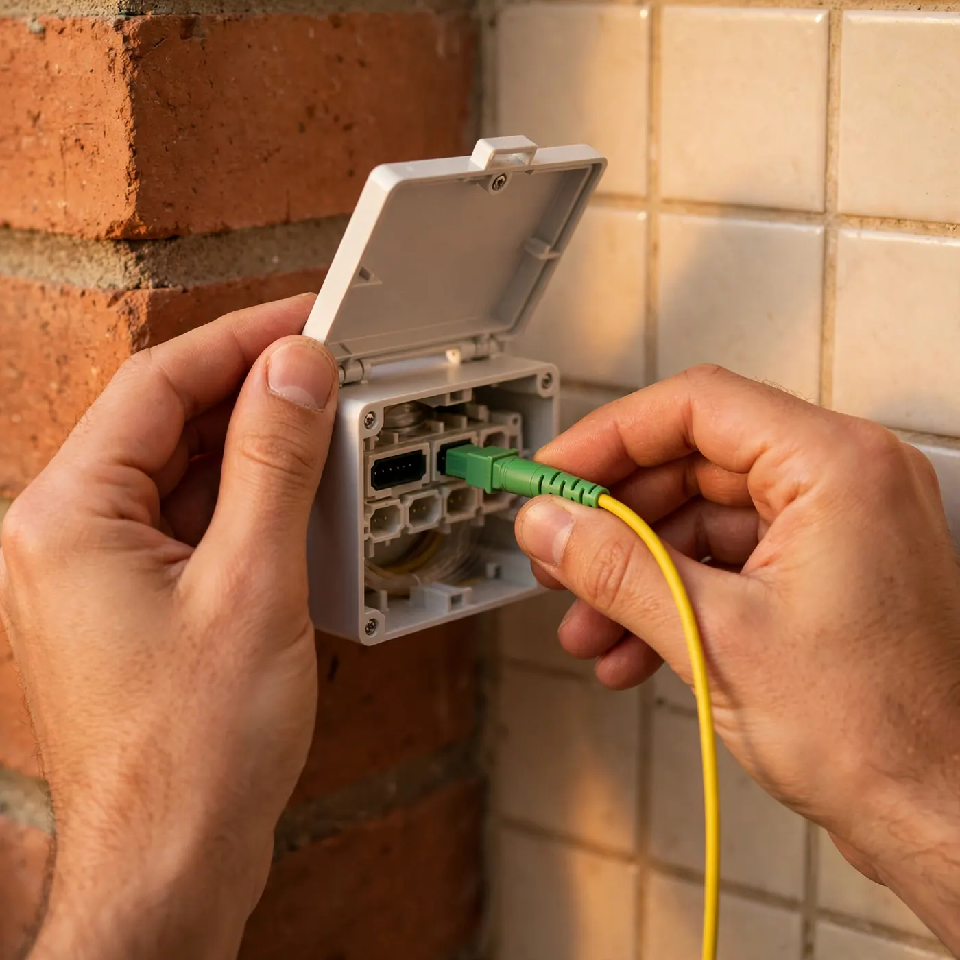 Hands connecting a yellow fiber cable with a green connector to a wall box in a brick apartment