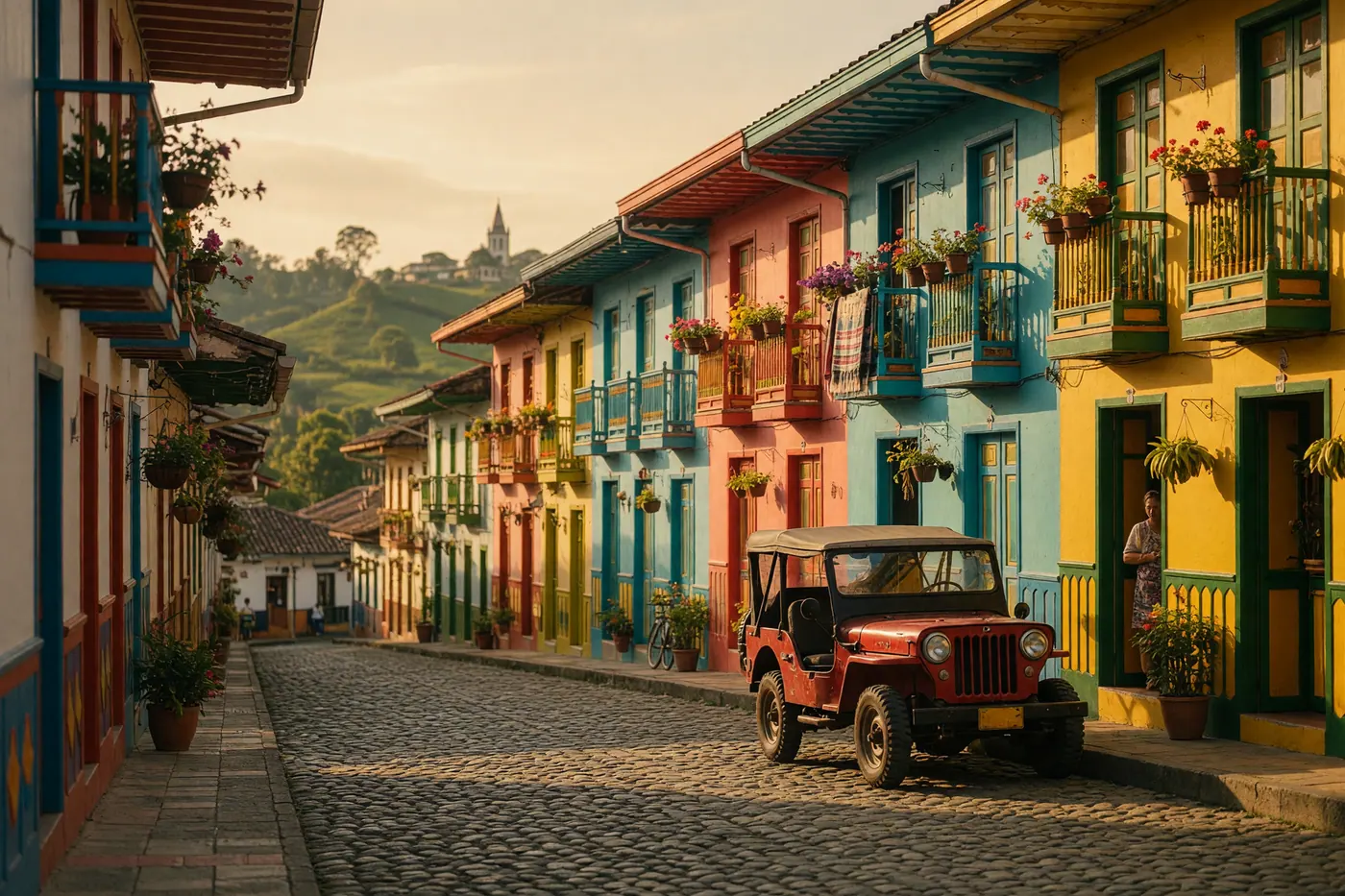 Colorful colonial street in Filandia Quindío Colombia with painted wooden balconies and a vintage red Willys jeep on cobblestones at golden hour