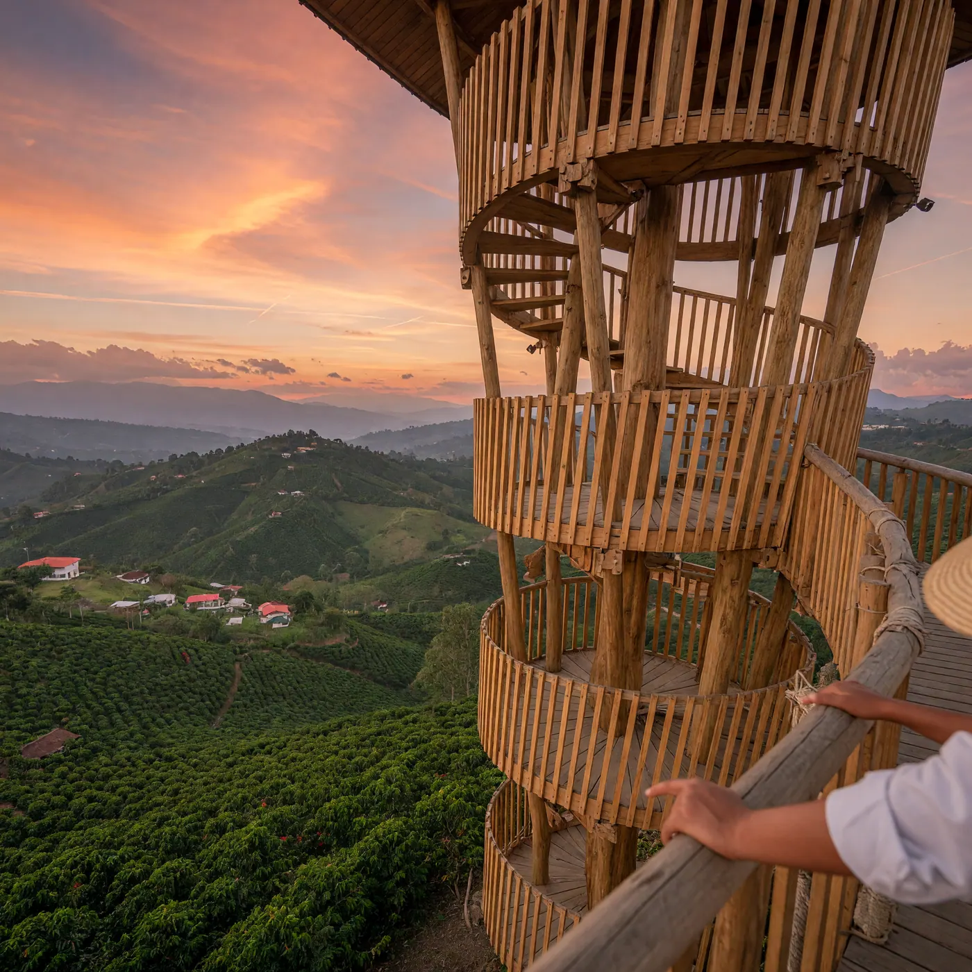 The Mirador Colina Iluminada wooden observation tower rising above green coffee hills in Filandia, Quindío, Colombia
