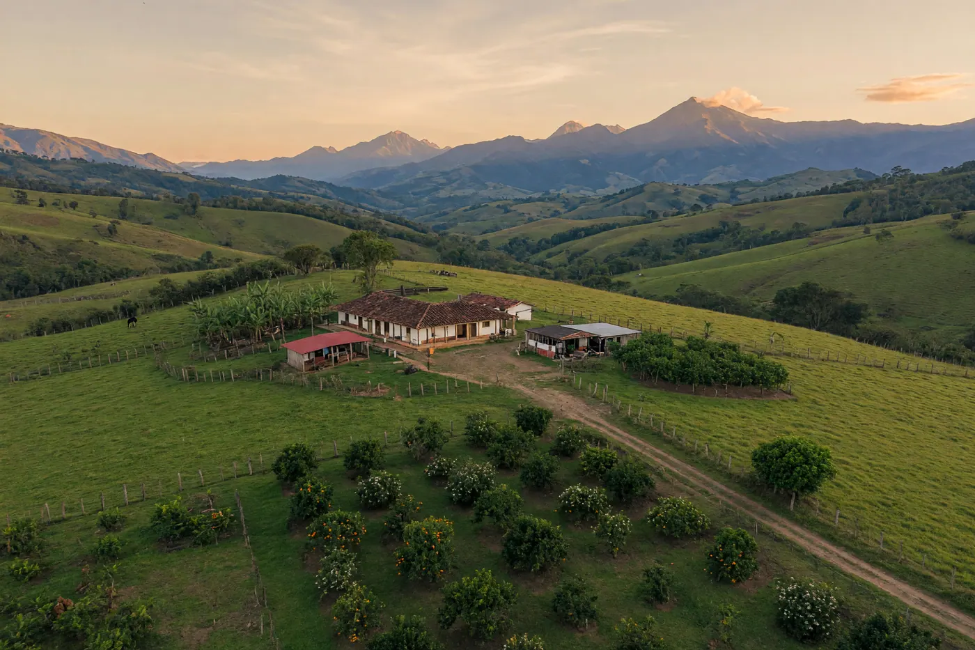 Vista aérea de una finca colombiana — paisaje rural
