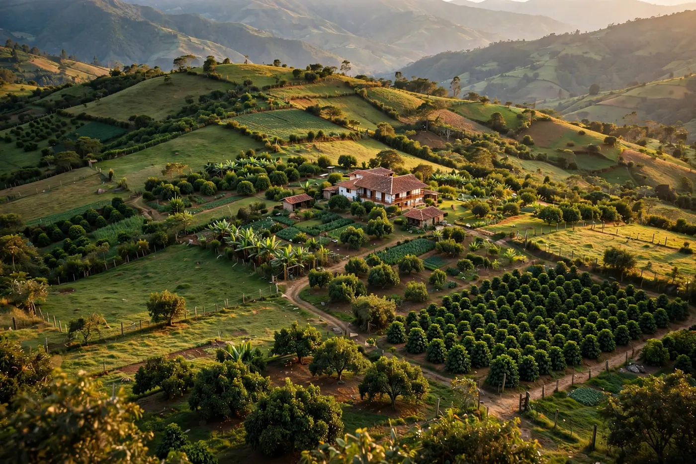 Vista aérea de una finca colombiana — paisaje rural