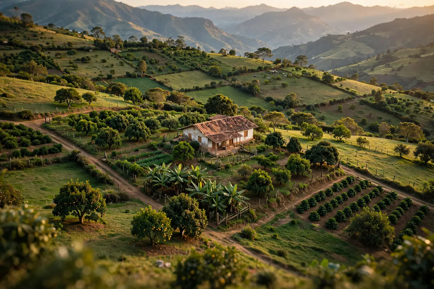 Vista aérea de una finca colombiana — paisaje rural