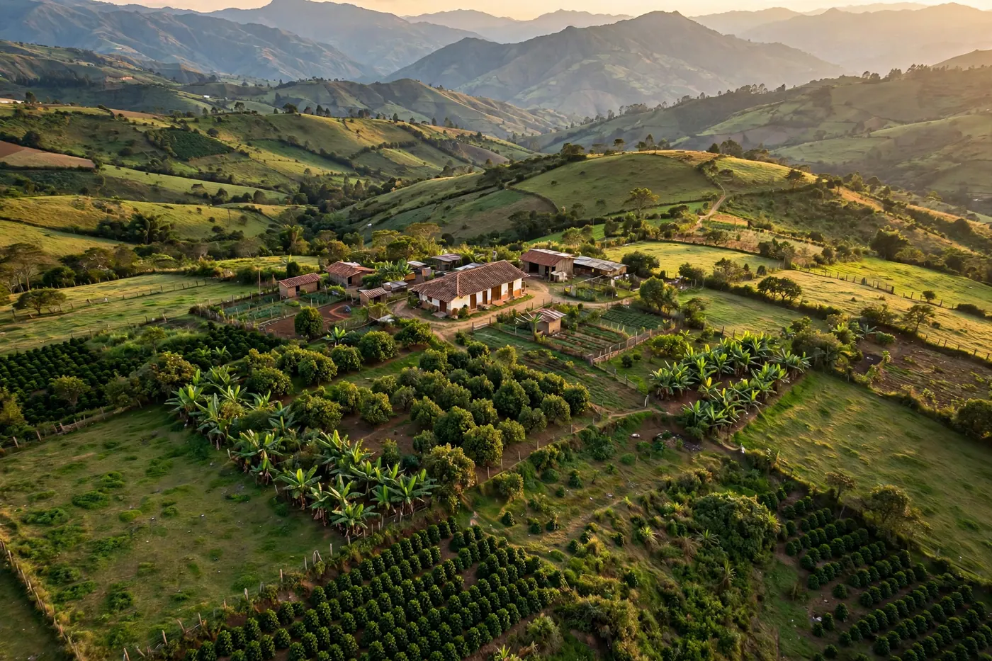 Vista aérea de una finca colombiana — paisaje rural