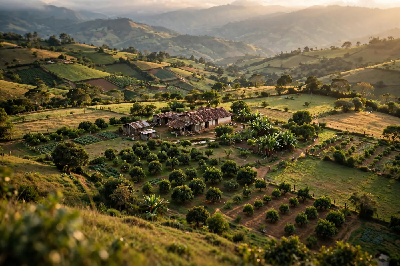 Vista aérea de una finca colombiana — paisaje rural