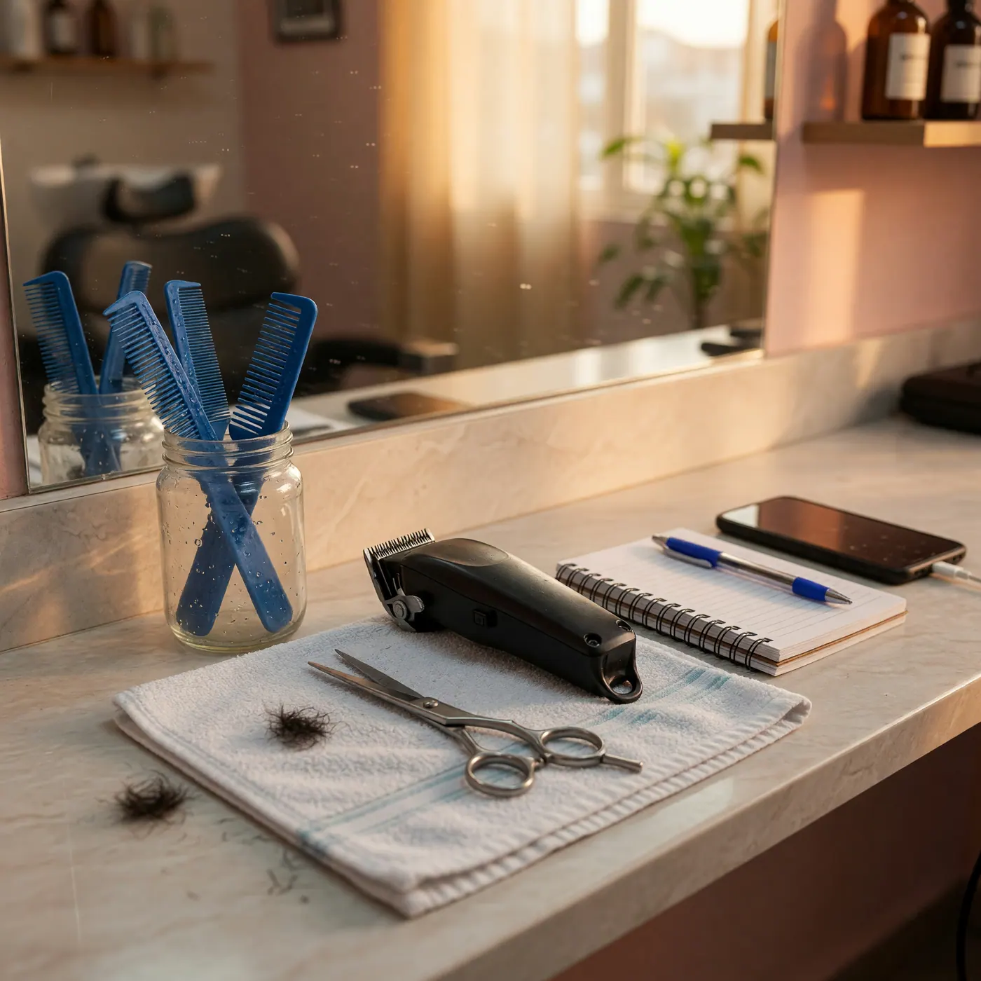 Clean Colombian barber and salon station with combs, clippers, scissors, a folded towel, and an appointment notebook in front of a mirror