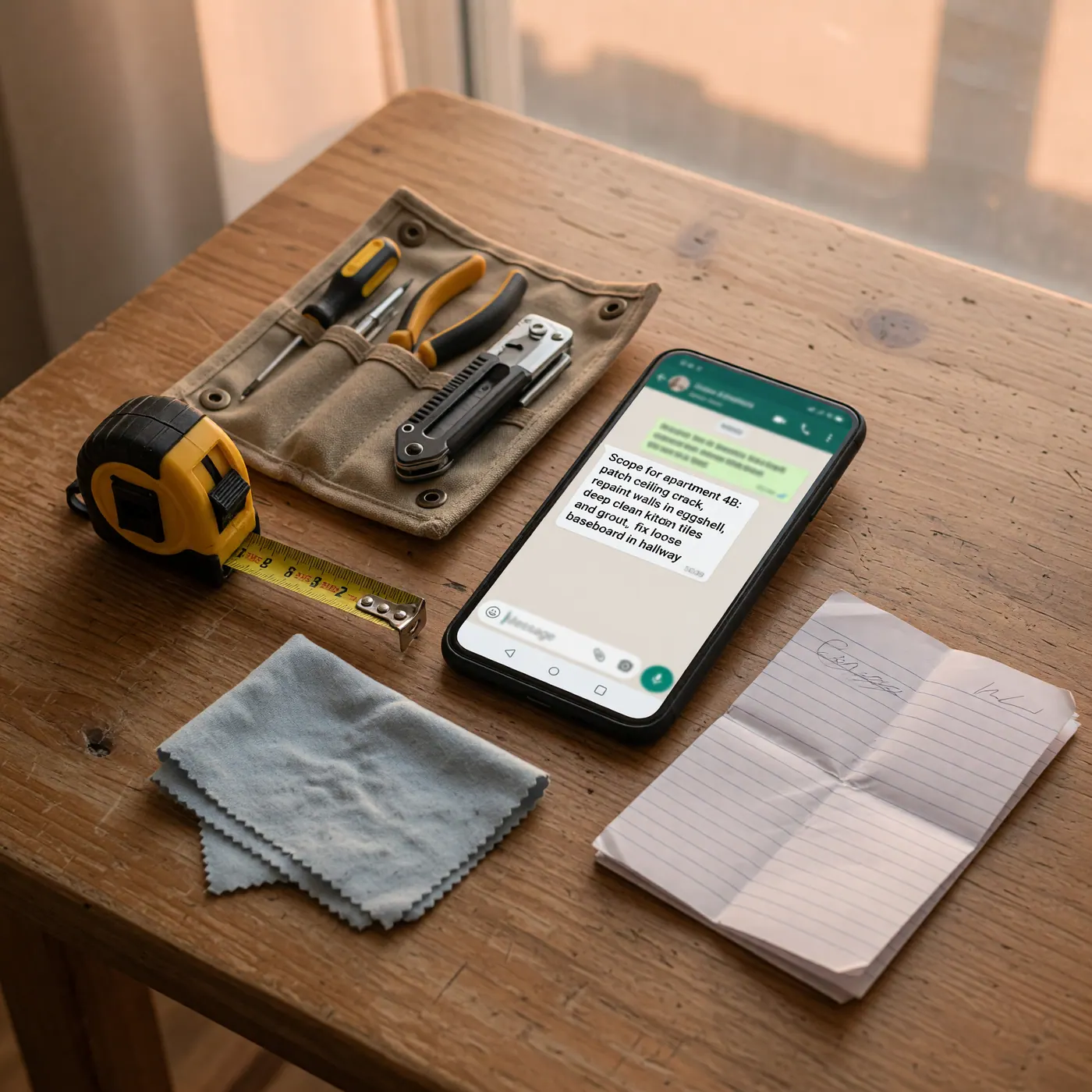 Phone showing a WhatsApp work-scope message beside a tape measure, a tool pouch with a screwdriver and pliers, a cleaning cloth, and a folded handwritten note on a wooden table.