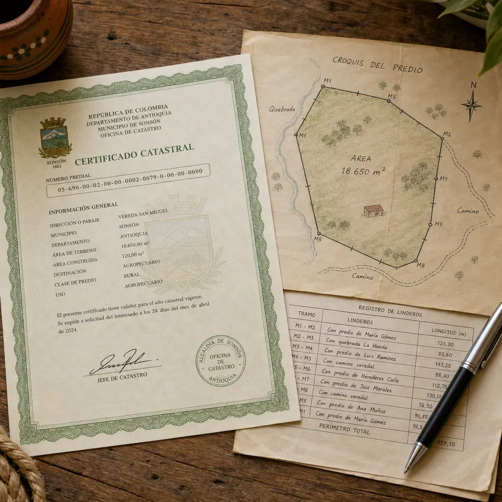 Colombian rural property documents — catastral certificate and land boundary map on a wooden table