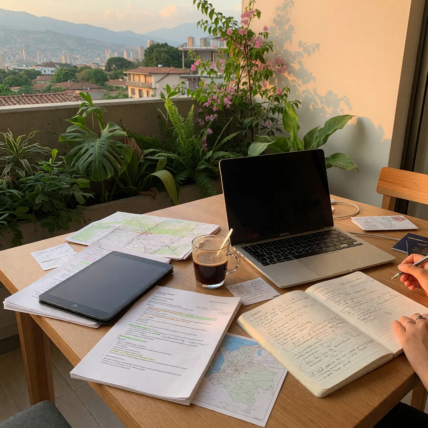 Remote work planning setup in a Medellin apartment