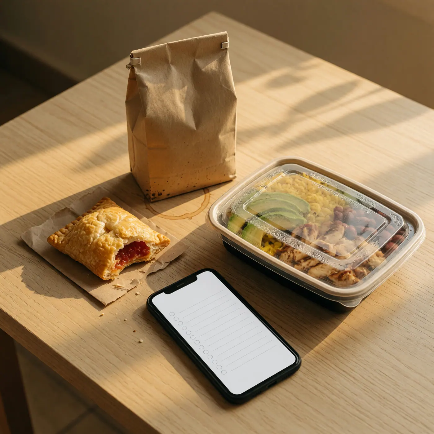 Sealed meal-prep container, a paper coffee bag, a pastry, and a phone on a table