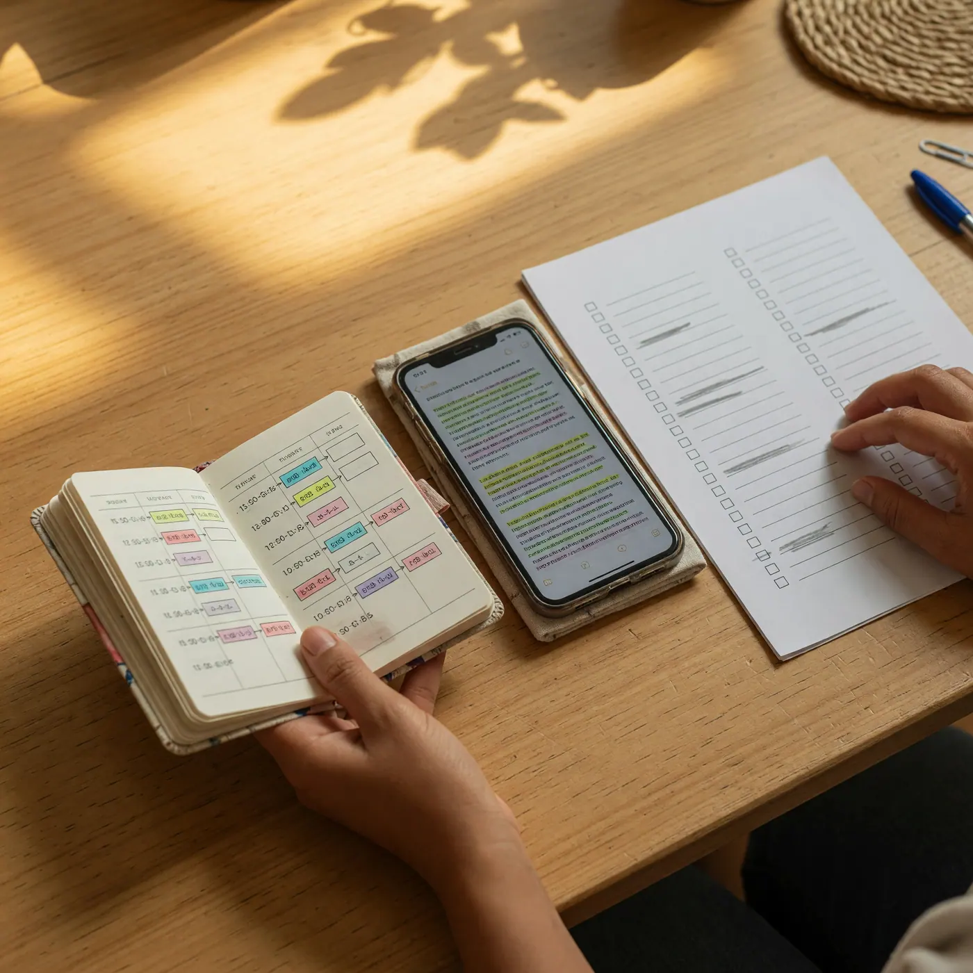 Notebook schedule, a phone, and a printed checklist on a wooden table before a local class in Colombia