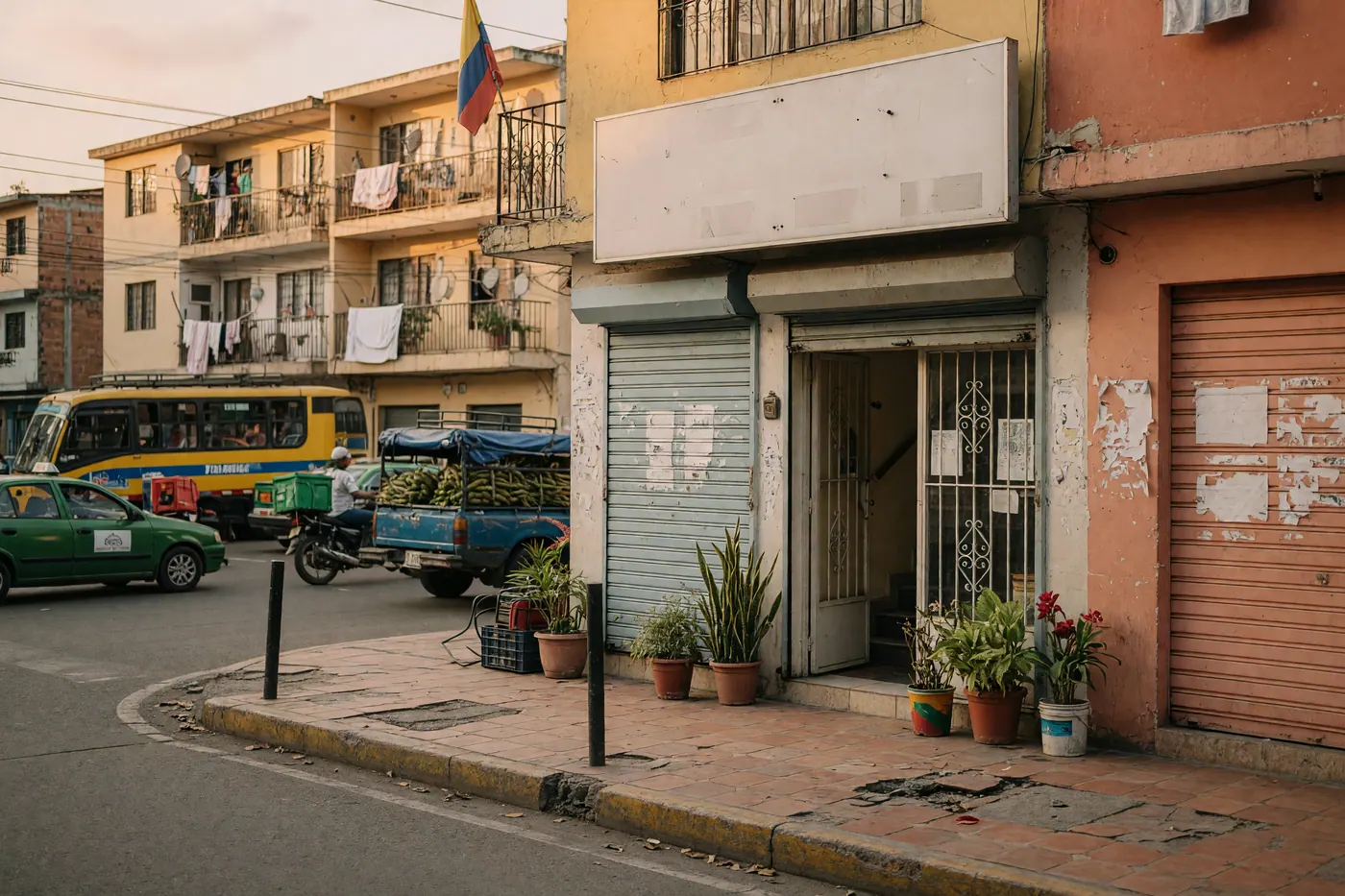 Colombian commercial street with small storefronts, metal shutters, signage and an office entrance in a mixed-use building