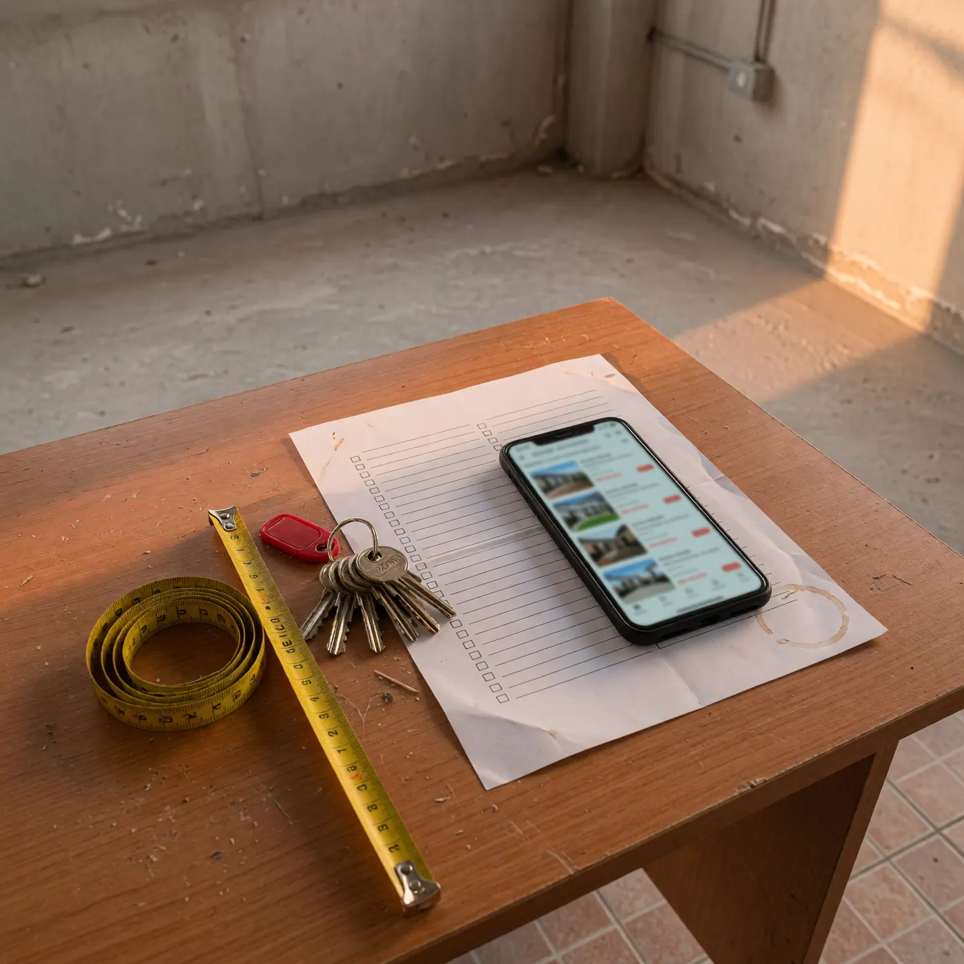 Desk inside an unfurnished office space with a printed checklist, a phone, keys, and a measuring tape