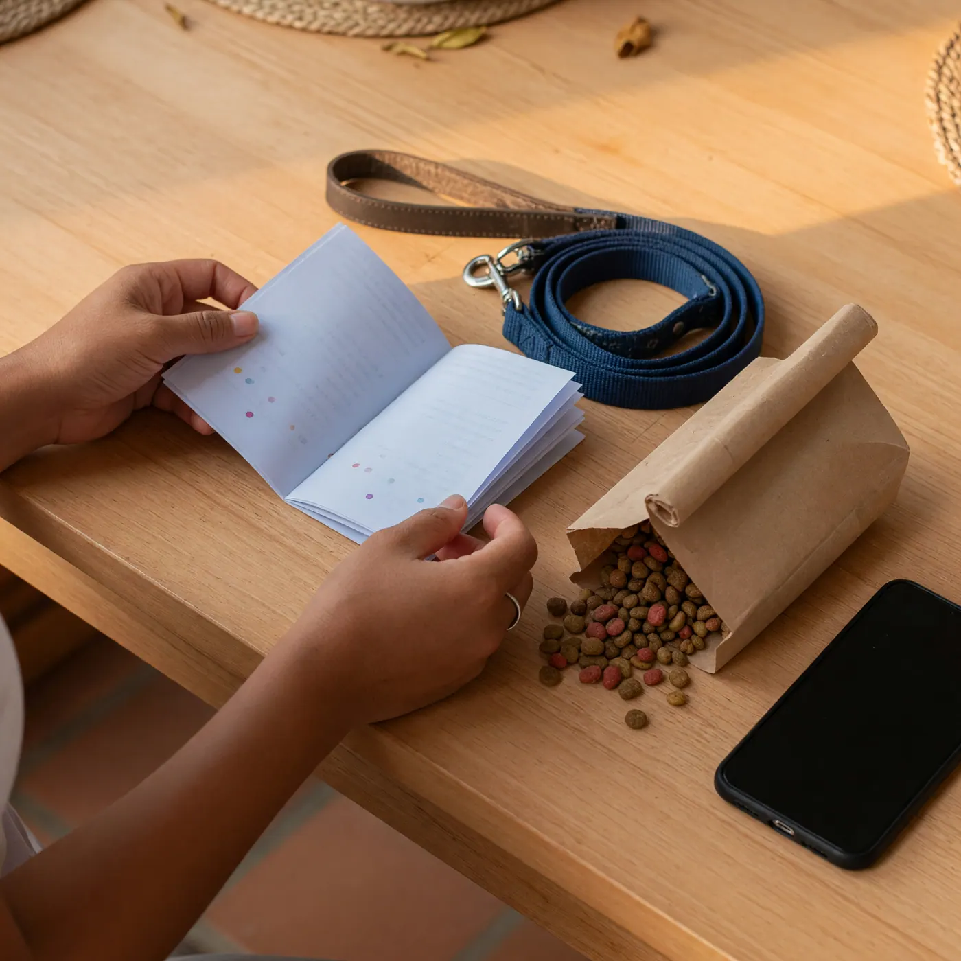 Hands holding a pet vaccination booklet beside a leash, a paper bag of dog kibble, and a smartphone on a wooden table