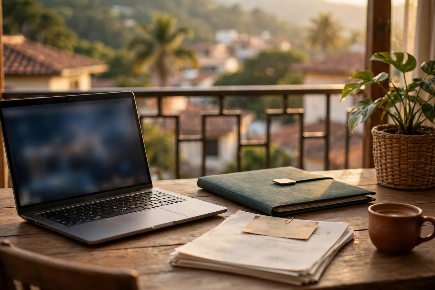 Wooden desk with an open laptop, a closed diploma folder, stacked papers and a coffee cup in warm window light