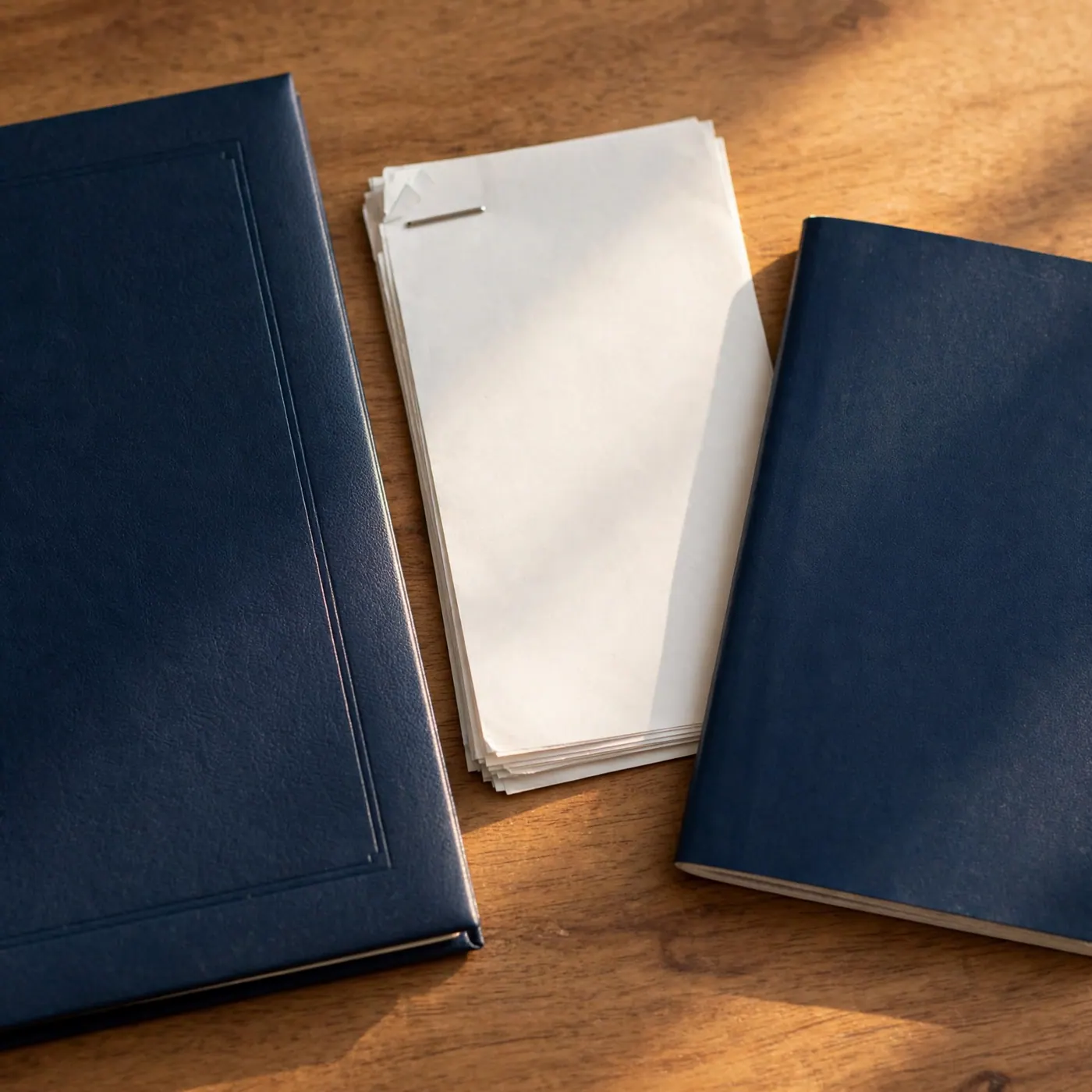 A diploma cover beside a stapled translation packet and a closed passport on a desk