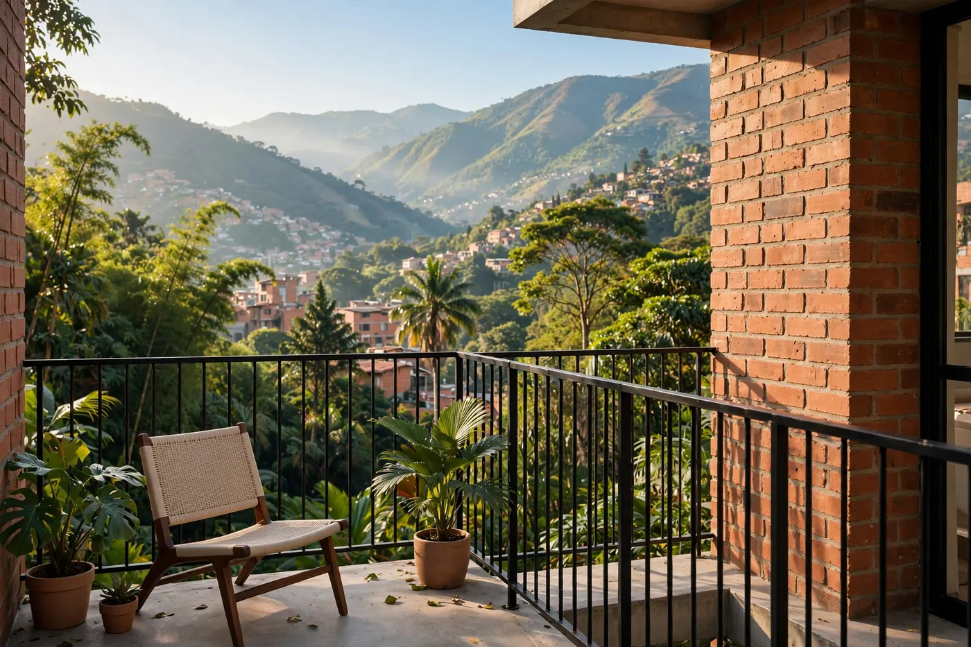 Modern Colombian apartment terrace overlooking residential brick buildings and Andean mountain slopes in natural morning light.