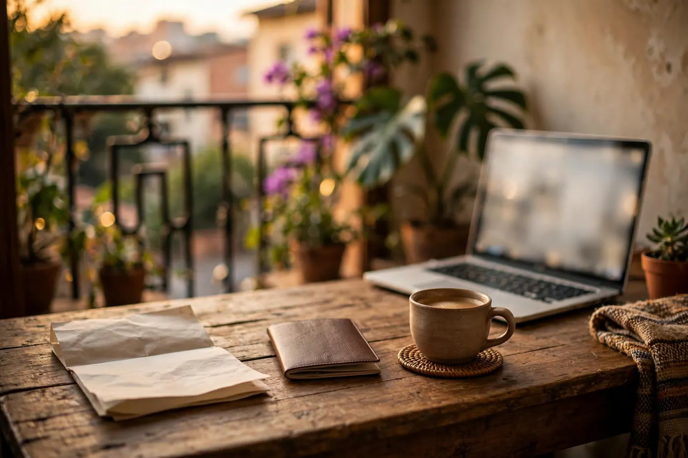 Evening desk in a modest apartment with a printed bill, closed passport, coffee cup, laptop and houseplants