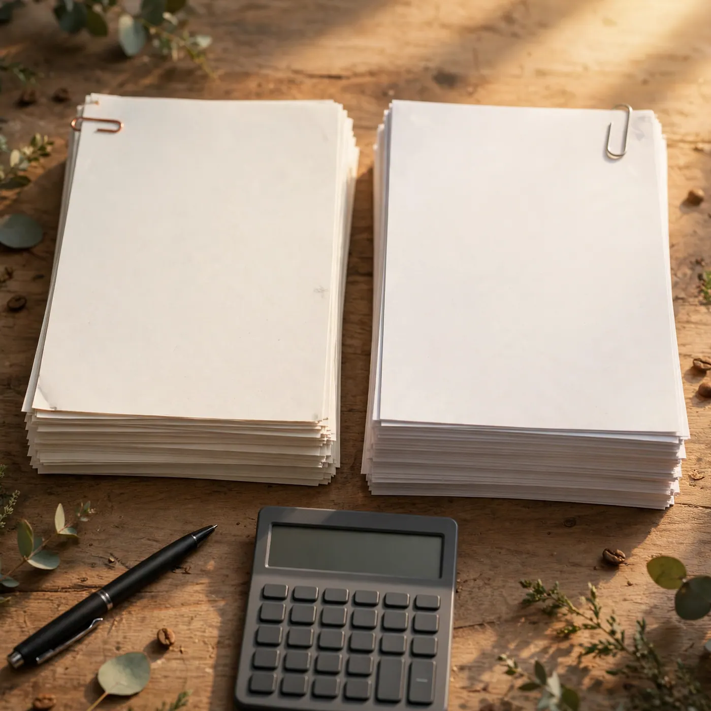 Two stacks of blank paper forms side by side with a pen and calculator on a table