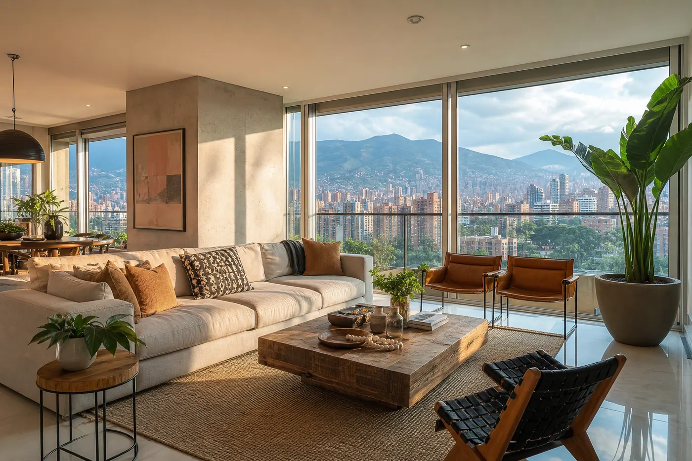 Modern furnished apartment interior in Medellín, Colombia with valley views