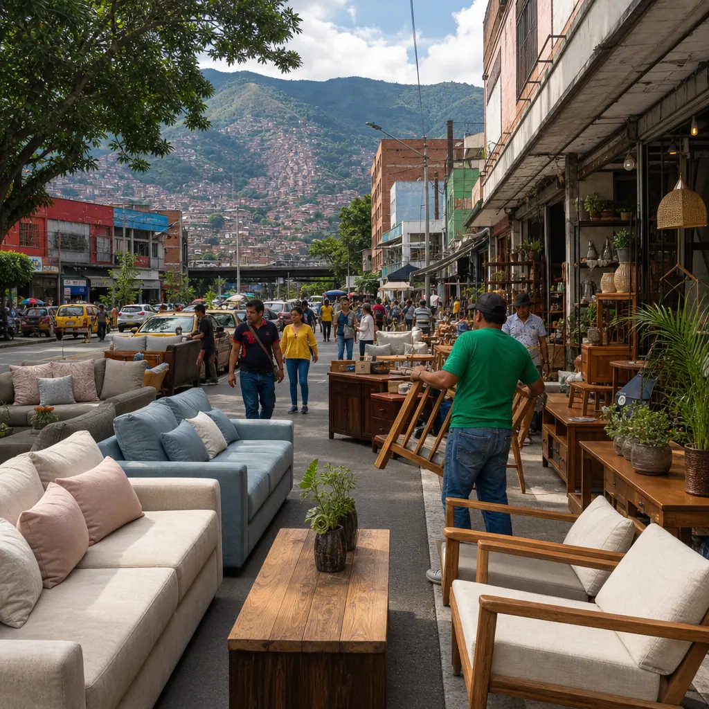 Street-level furniture market in Medellín, Colombia with sofas and chairs displayed outside stores
