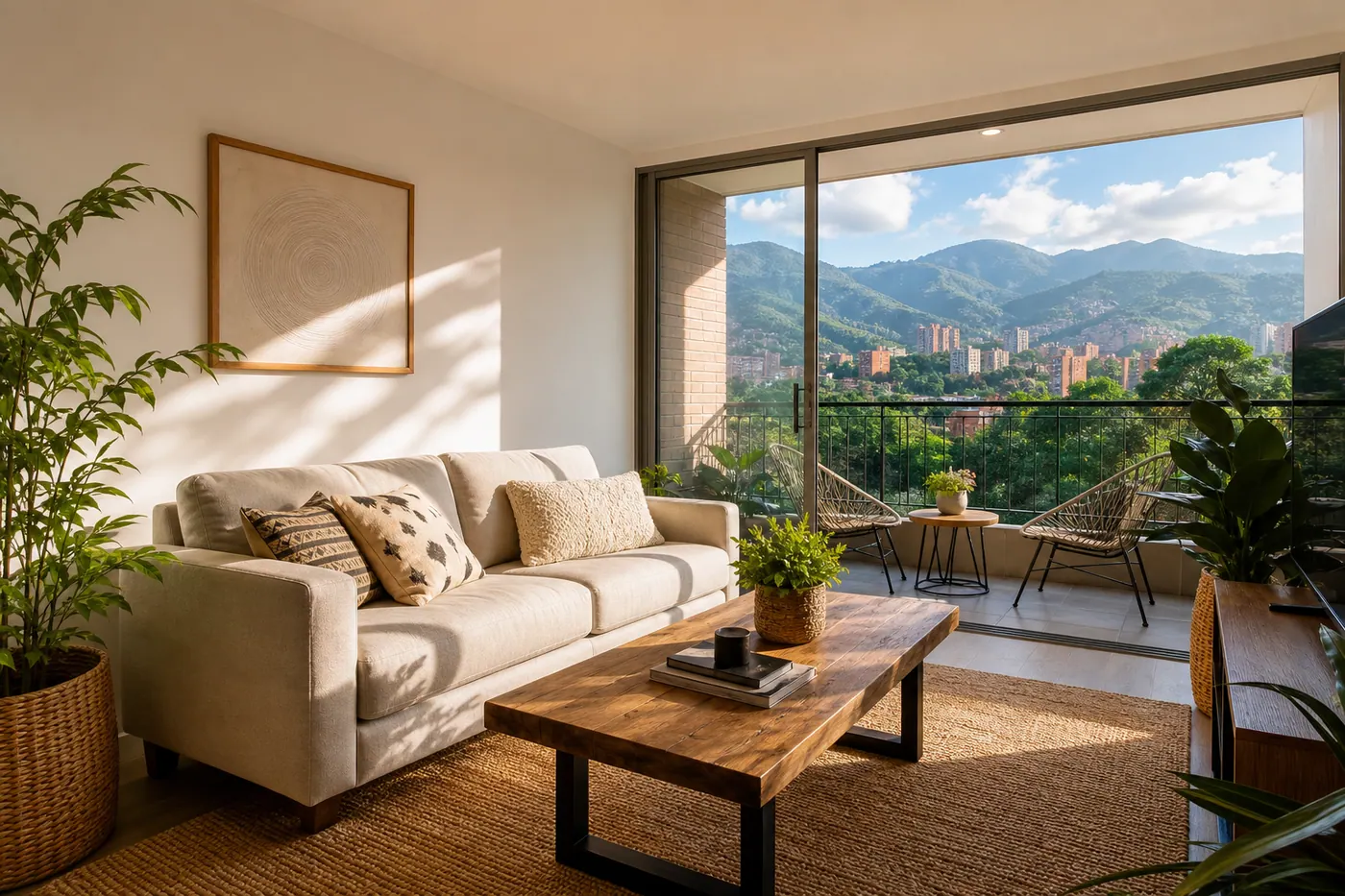 Sunlit furnished apartment in Medellín with mountain view — comfortable for monthly rentals in Colombia