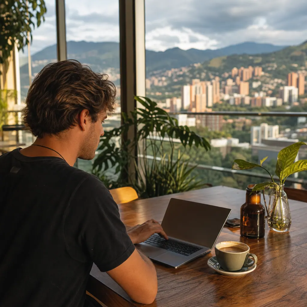 Person browsing furnished apartment listings on a laptop in a Medellín café, Colombian city view through large windows