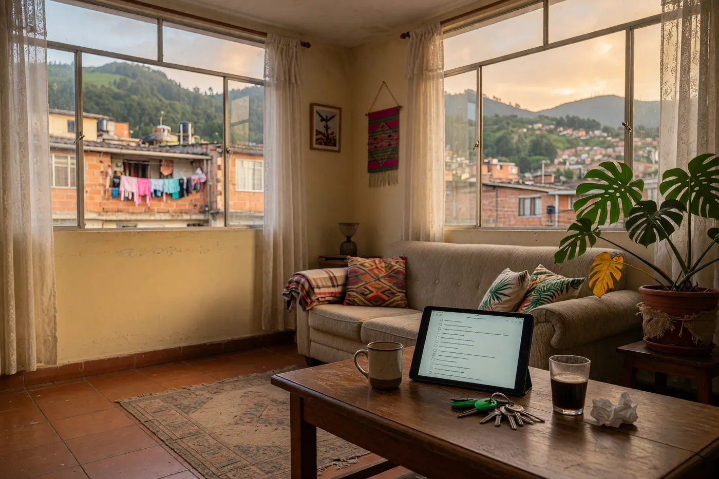 A bright furnished living room in a Colombian apartment with a tablet showing a rental inventory checklist and a set of keys on a wooden coffee table, red-brick buildings and green hills visible through the window.