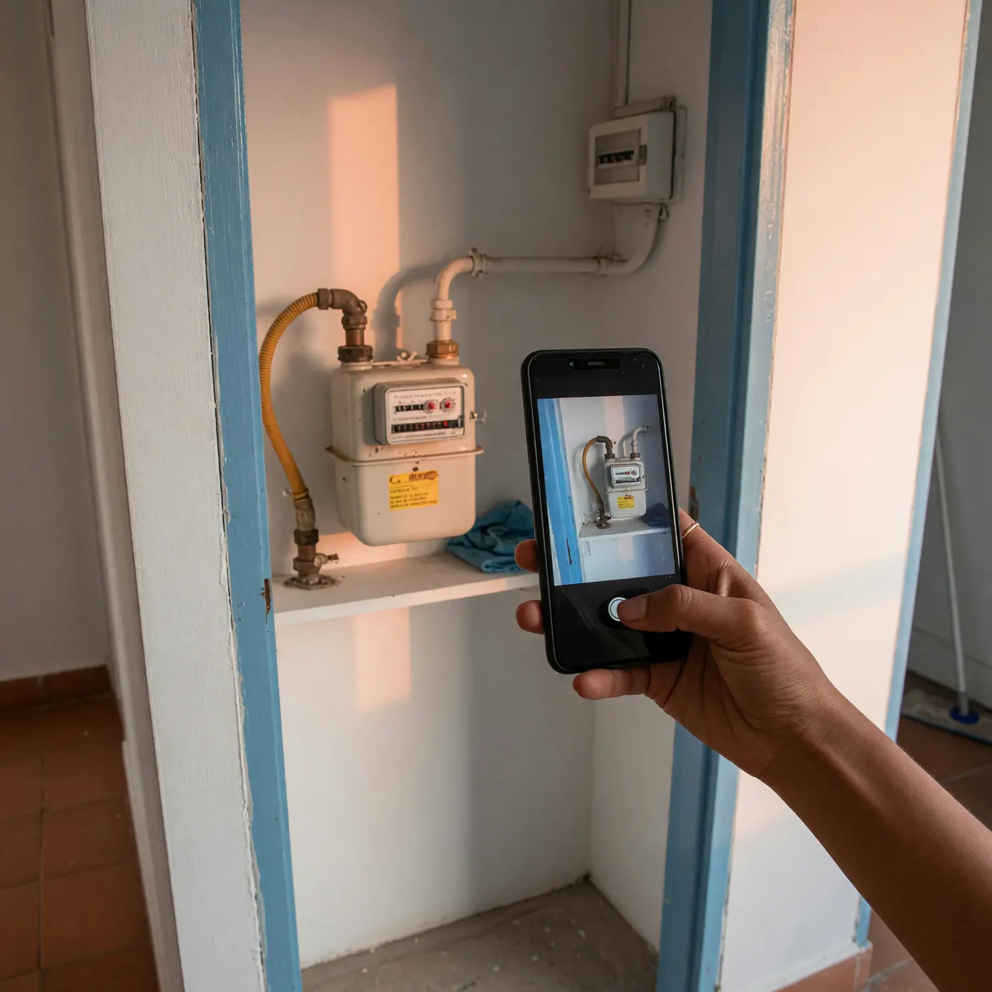 A hand holding a smartphone photographing a natural gas meter inside a clean utility closet during a rental handover in Colombia.