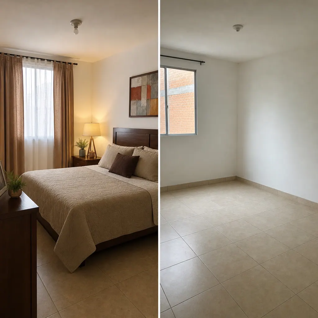 Comparison of a furnished and an unfurnished apartment room in Colombia — furnished side shows a made bed, nightstand, and curtains; unfurnished side shows bare white walls and tiled floor