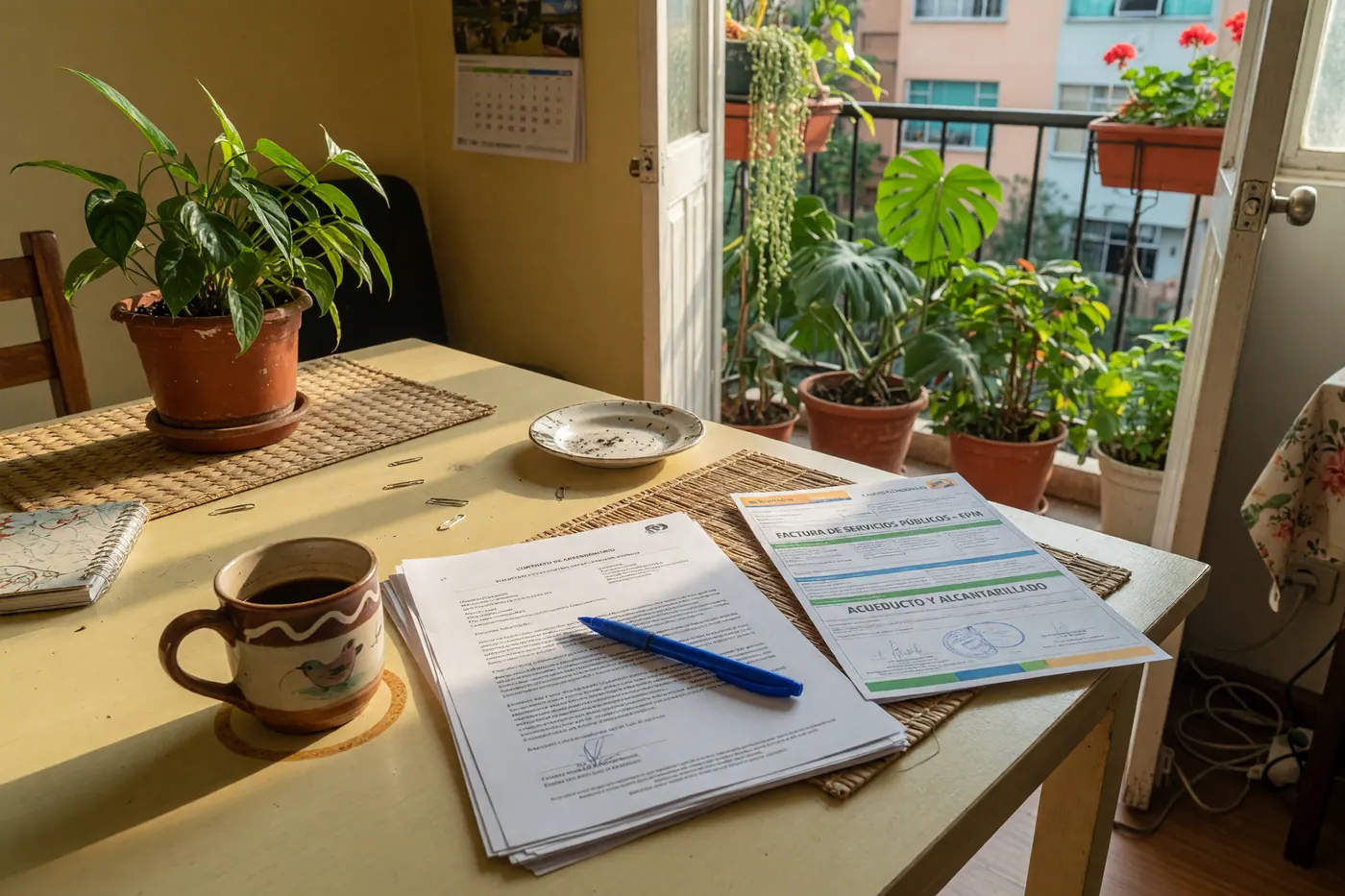 Contrato de arrendamiento de vivienda urbana en Colombia junto a facturas de servicios públicos en un escritorio bien iluminado.