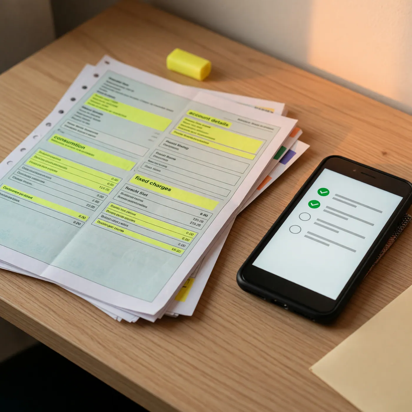 Factura de servicios con consumo y cargo fijo resaltados junto a un celular con lista de verificación.