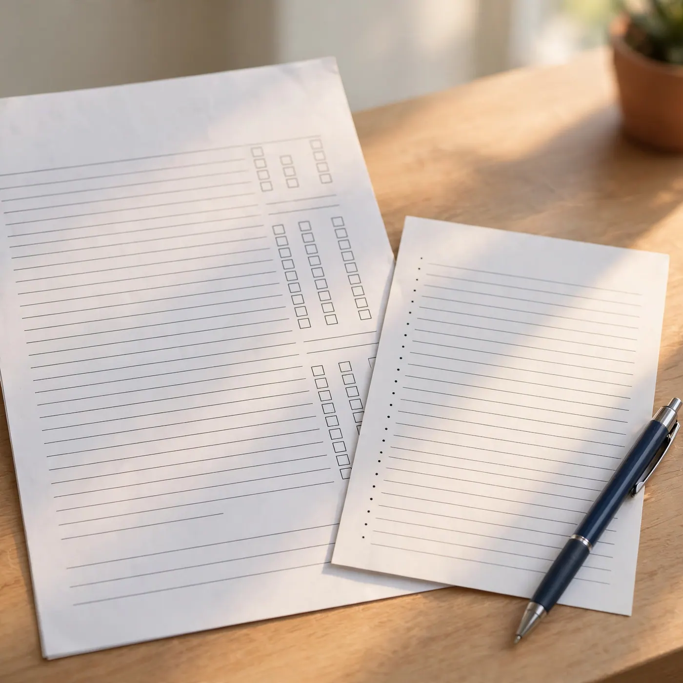 Itemized paper invoice and a short clinical note on a clinic counter next to a pen