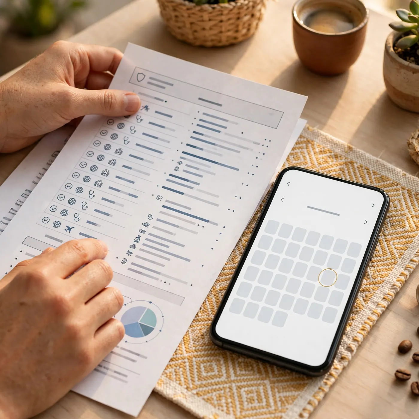 Hands reviewing an international health insurance benefits summary next to a smartphone calendar