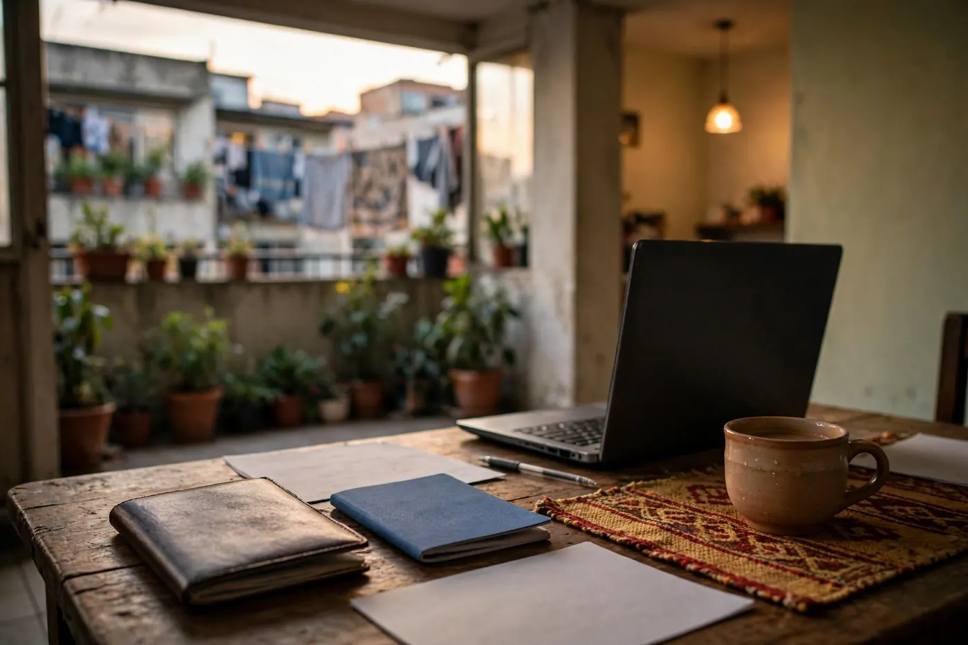 Apartment dining table with a closed passport cover, a child's health booklet, a laptop, a coffee cup and balcony plants