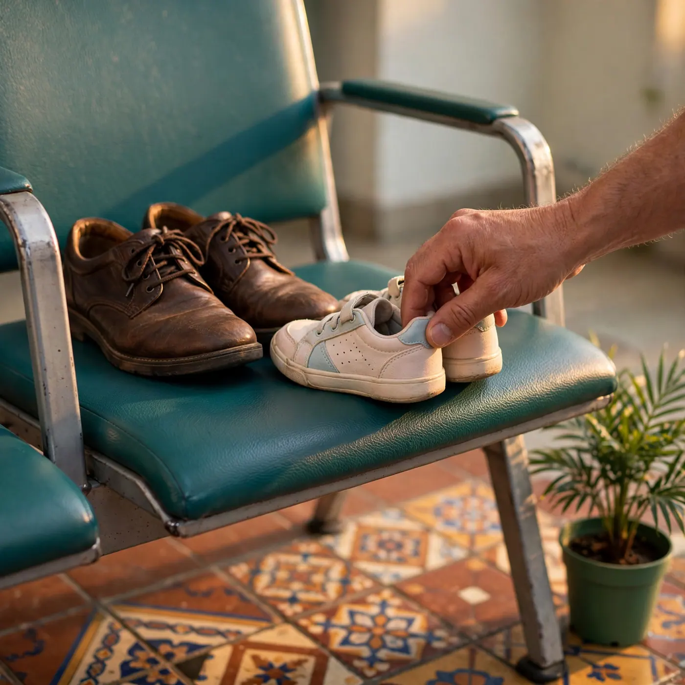 Adult hand placing small children's sneakers beside adult shoes on a clinic waiting-room chair with tiled floor and plant