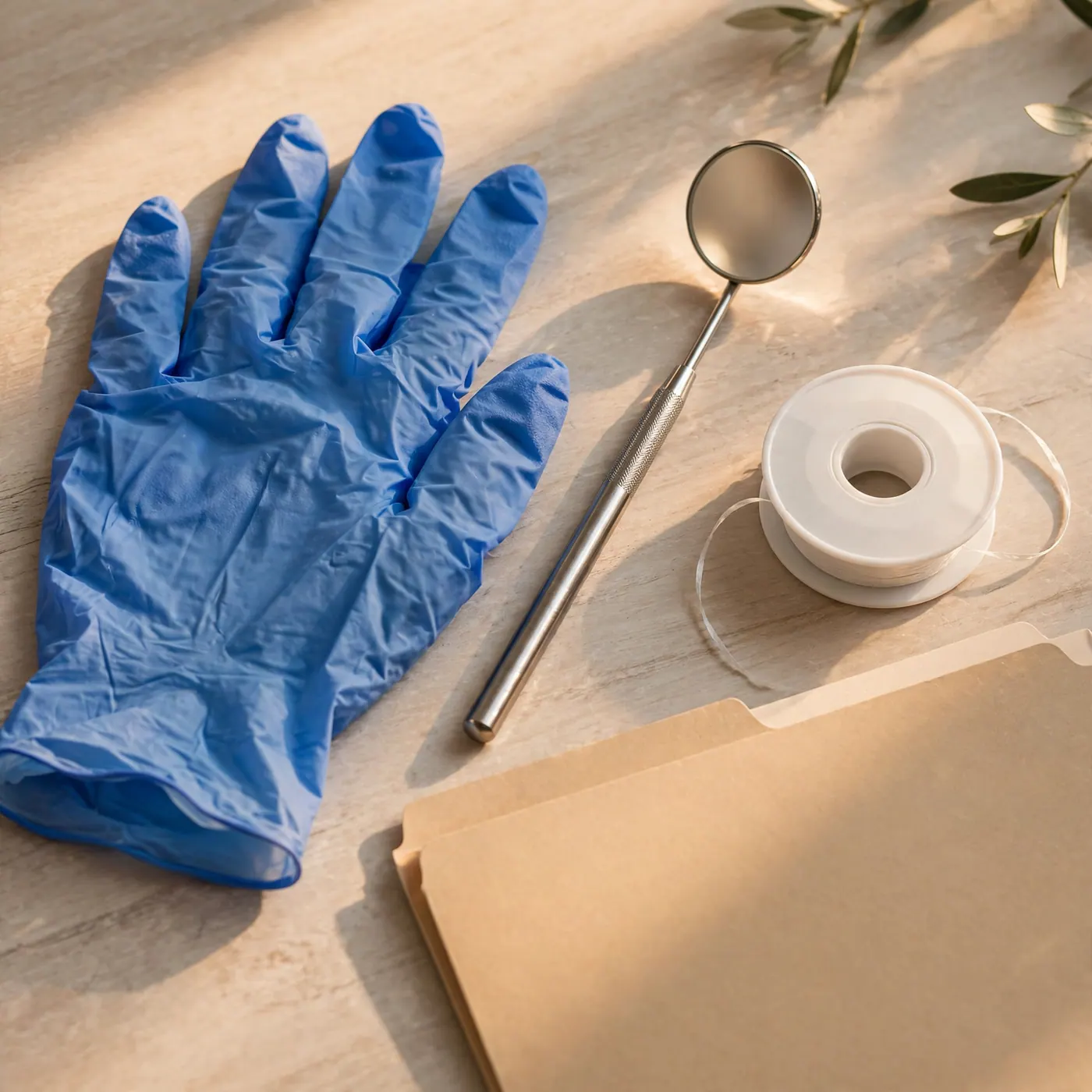 Dental mirror, gloves, floss and a plain folder on a laminate counter suggesting a checkup and cleaning