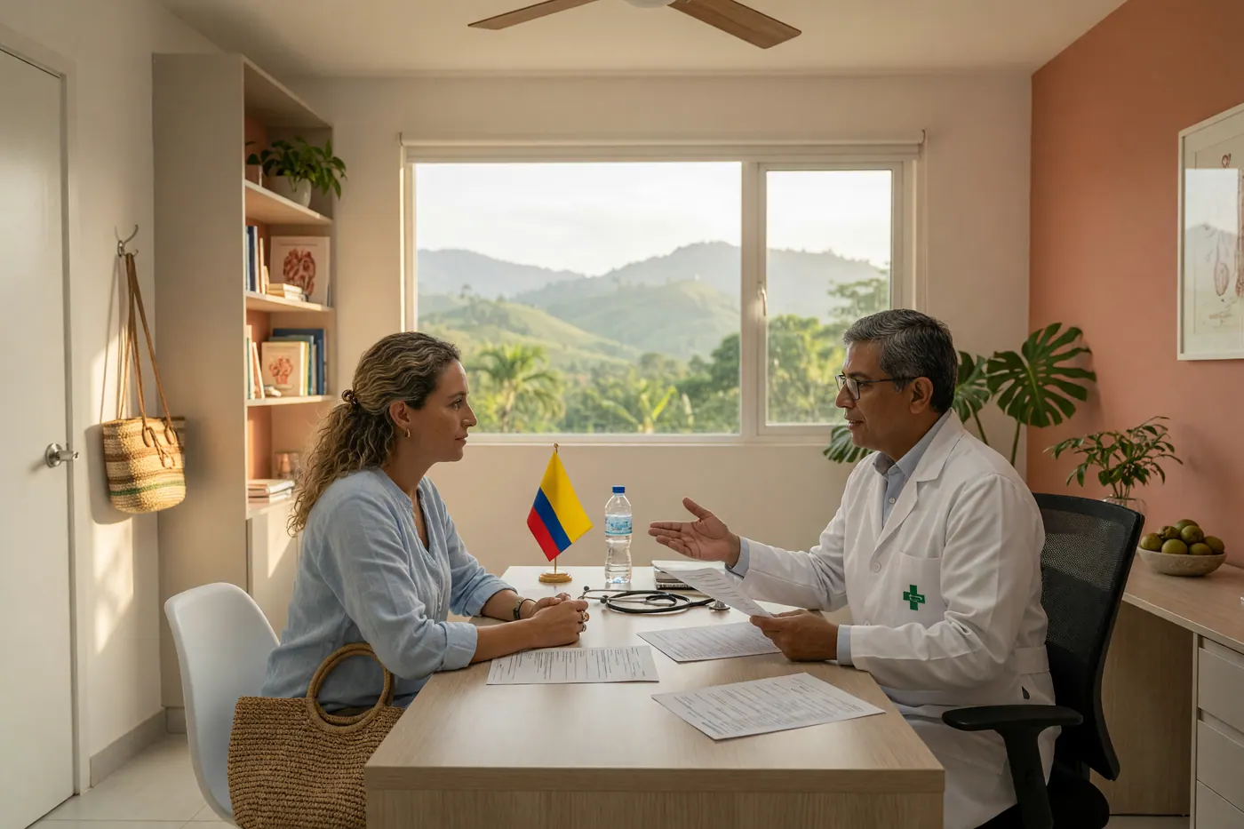 A modern medical consultation room in Colombia with a doctor discussing healthcare paperwork with an expat patient.