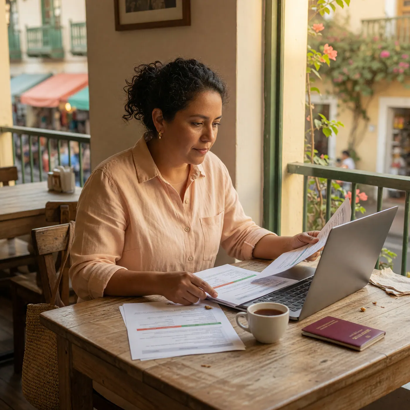 A laptop and health insurance comparison documents on a café table beside a coffee cup and passport.