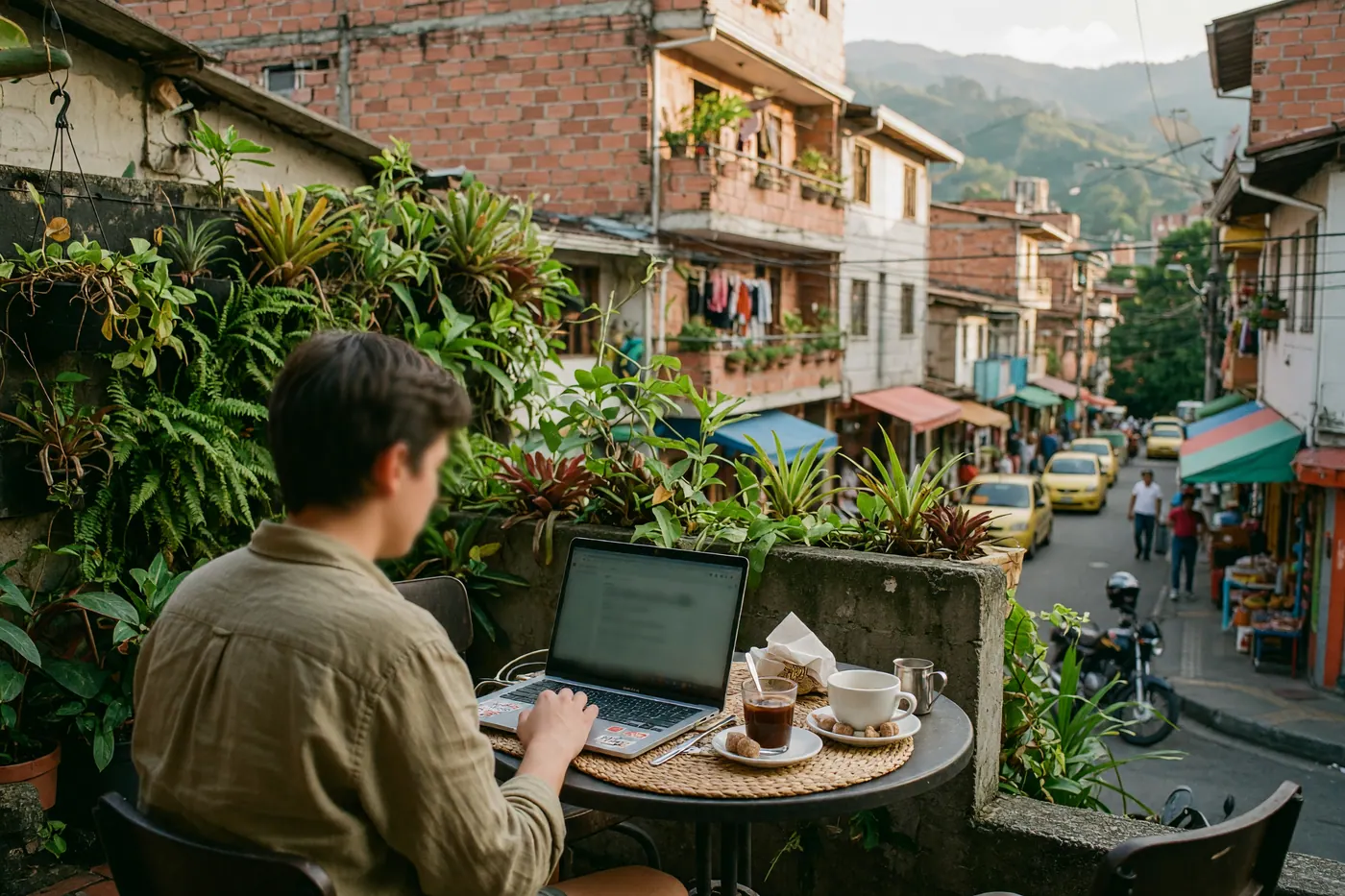 A digital nomad works on a laptop at an outdoor cafe surrounded by green plants in Medellin, Colombia