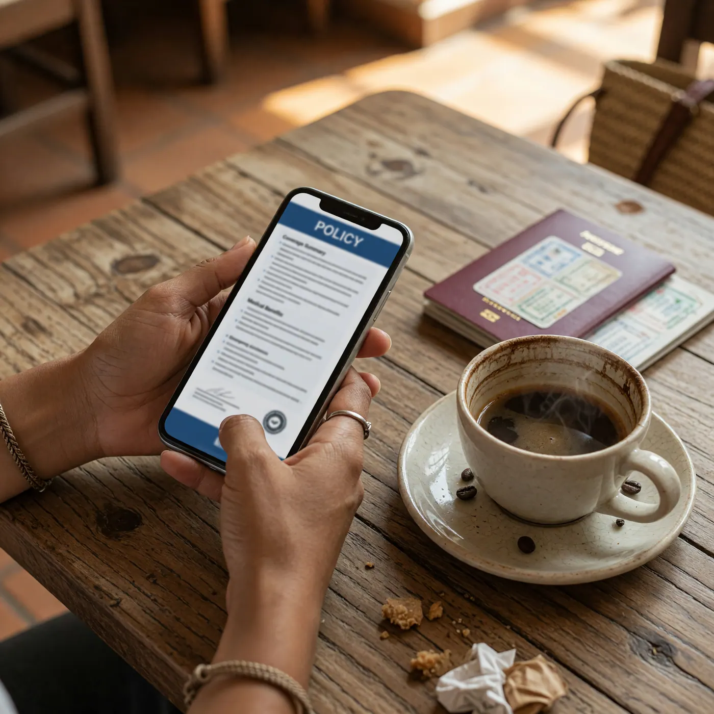 Close-up of a traveler holding a smartphone showing an international health insurance policy next to a cup of coffee