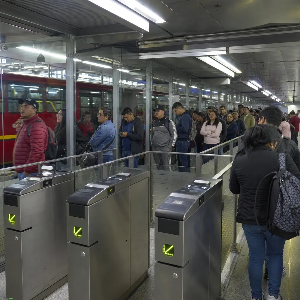 Commuters waiting on a TransMilenio station platform in Bogotá, Colombia — glass barriers and fare turnstiles visible